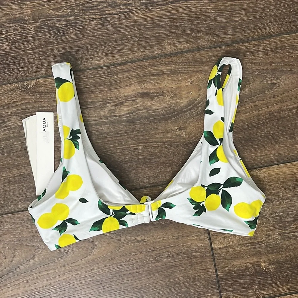 NWT AQUA Swim Knotted Lemon Print Bikini Top, Size S
